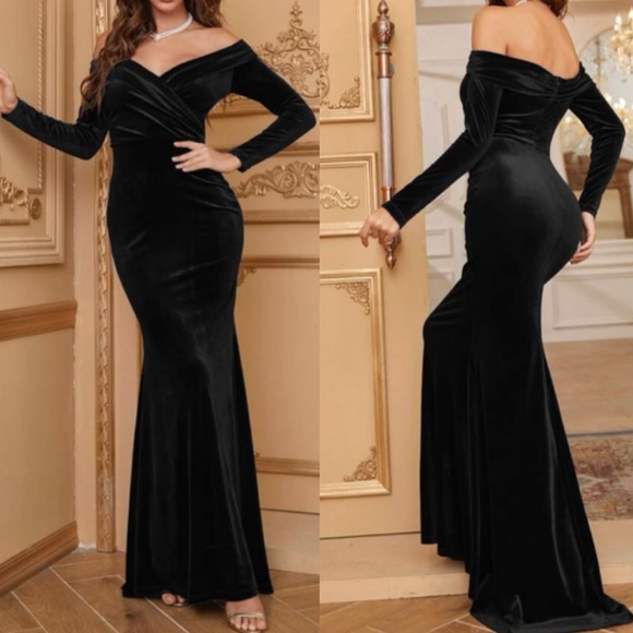 Luxe black off shoulder party bridesmaids wedding velvet maxi dress - Picture 1 of 9